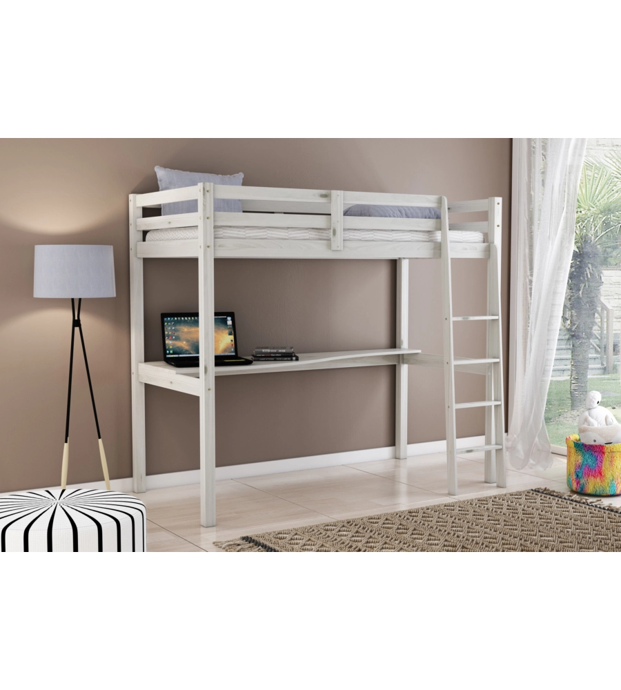 LETTO A SOPPALCO CON SCRIVANIA "NIZZA" IN PINO MASSELLO BIANCO 90X190X176 CM